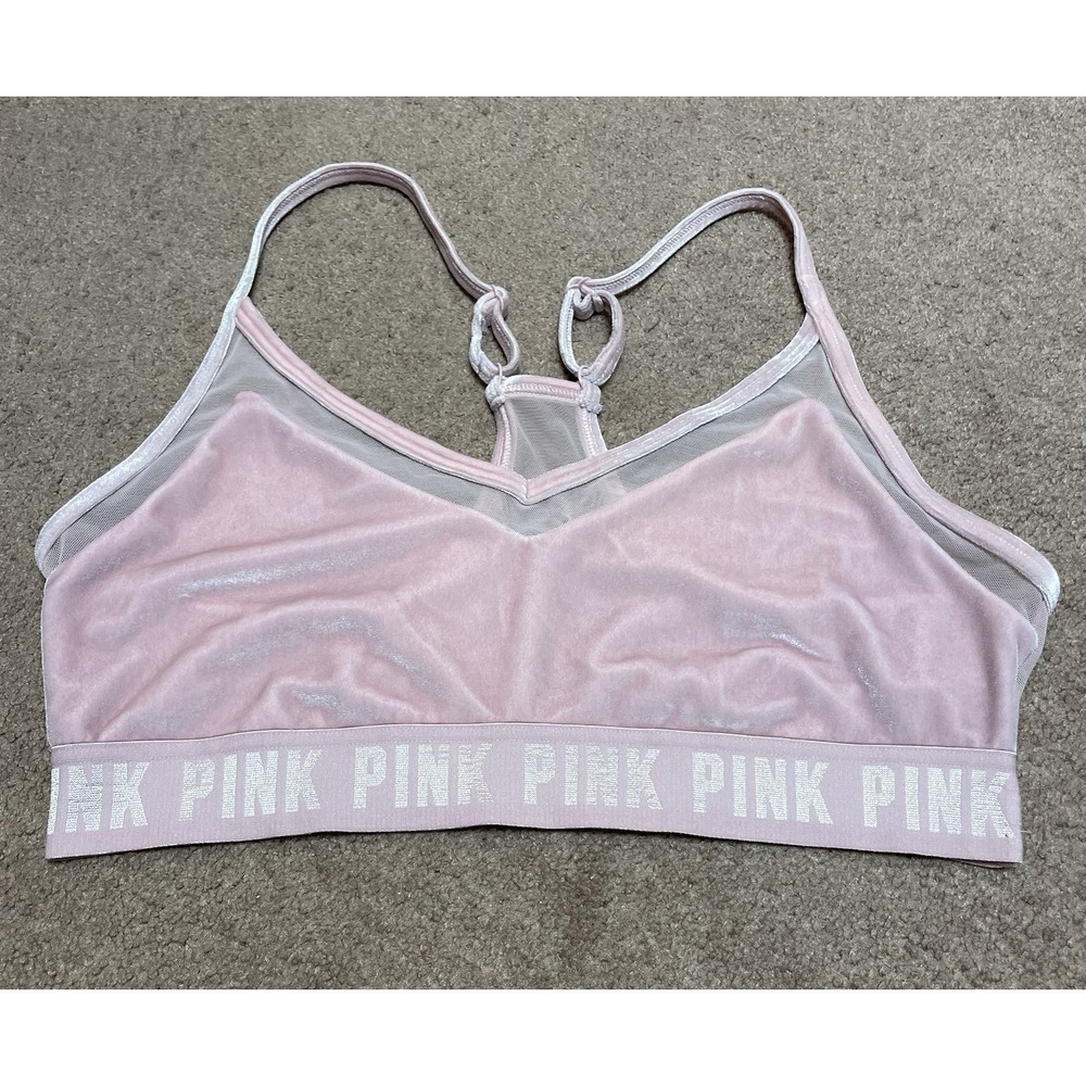 PINK Victoria's Secret Women's Crushed Velvet V-Neck Racerback Sports Bra Pink L